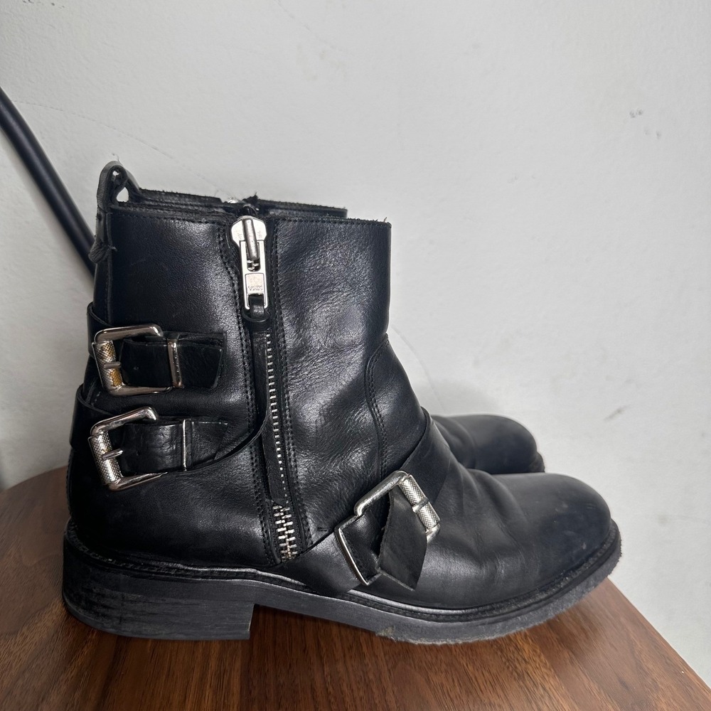 Billi Bi Copenhagen Black Leather Buckle Biker Ankle Boots Womens 41 Moto Zip